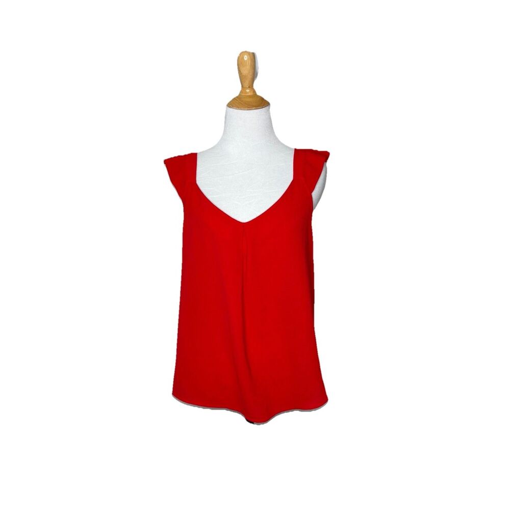 Monteau Red Ruffle Sleeveless V Neck Blouse Top Shirt Size Medium Womens